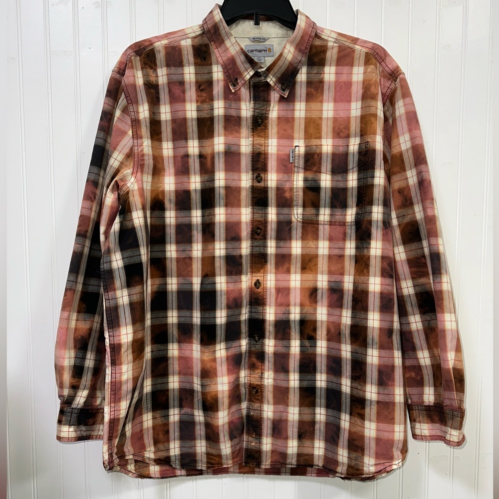 Carhartt Relaxed Fit 2XL Upcycled Reworked Bleach Dye Plaid Button Down Shirt - Picture 6 of 15